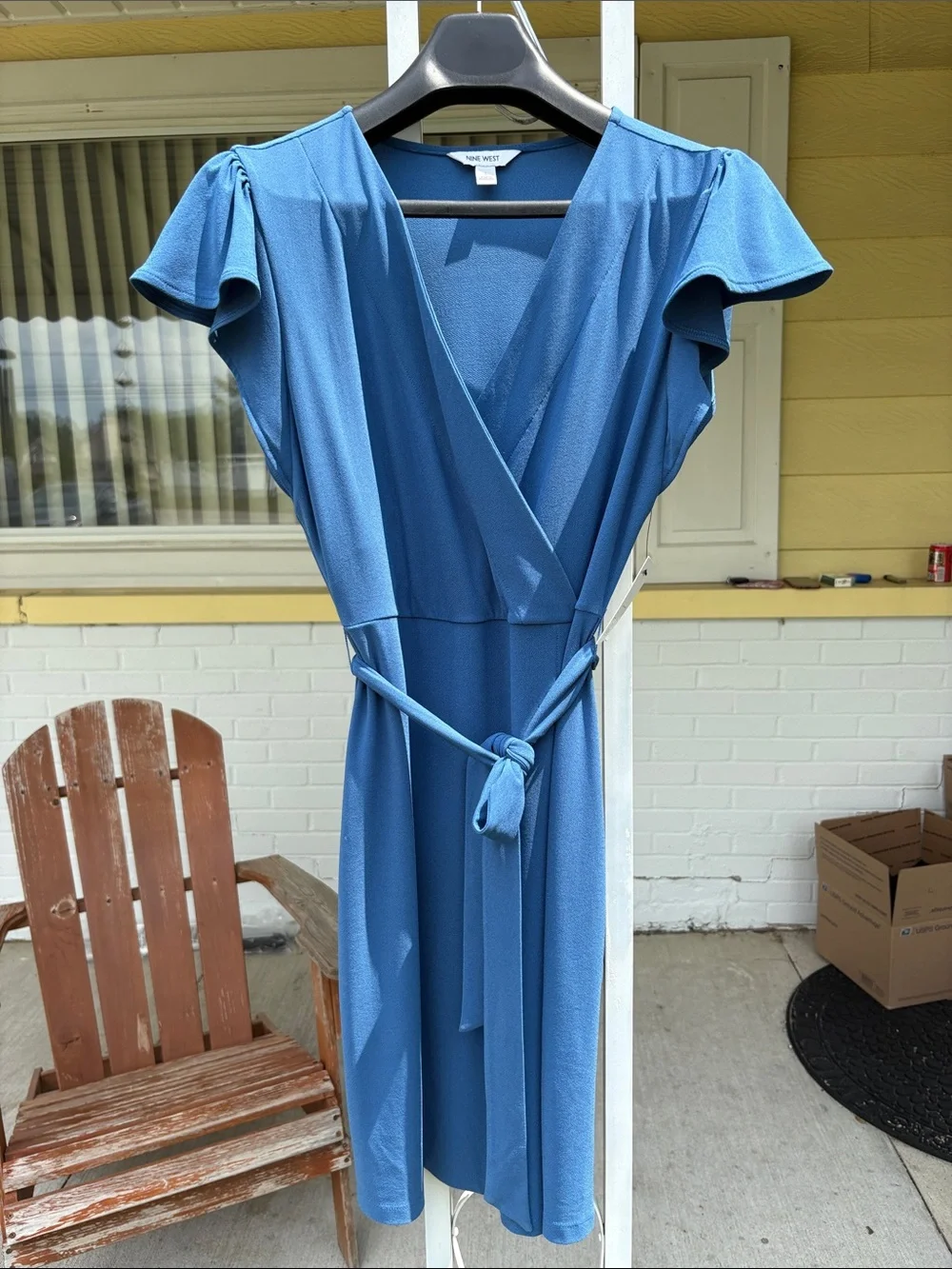 Nine West Blue Faux Wrap Tie-Waist Midi Dress